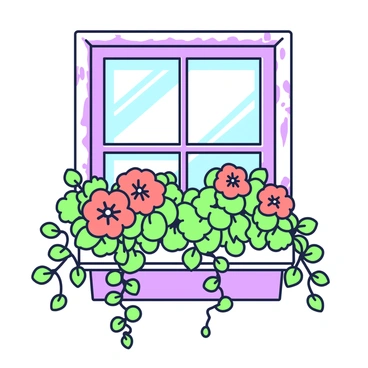A window box sits on a sunlit cottage window, filled with vibrant geraniums in various stages of bloom. The geraniums are lush, displaying clusters of rounded leaves and bright flowers. Trailing ivy cascades gracefully over the edges of the box, with its small, pointed leaves creating a beautiful contrast against the geraniums. The cottage itself features a rustic wooden frame and light-colored walls, enhancing the cheerful appearance of the window box. The sunlight casts soft shadows across the window and the surrounding area.