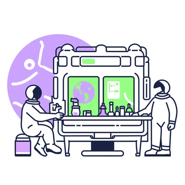 A space station is floating in the vastness of space, with a large blue planet visible in the background. Two astronauts are conducting research inside the station. One astronaut is sitting at a workstation, analyzing data on a screen, while the other is standing beside a table filled with scientific equipment. They are both wearing white space suits with helmets. Various tools and containers are organized on the table, and there are large windows showcasing the blue planet beyond. In the background, the structure of the space station is visible, with panels and modules attached.