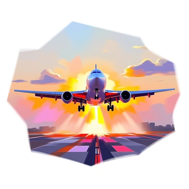 A Boeing 727 is captured in the moment of takeoff, its engines roaring as it ascends into the sky. The aircraft is positioned against a backdrop of a vibrant dawn, with hues of soft orange, pink, and purple illuminating the horizon. The first light of day reflects off the shiny fuselage of the plane, creating a striking contrast with the darker surroundings. Below, the runway is visible, bathed in the early morning light, while a few scattered clouds gently float in the sky, enhancing the sense of movement and excitement in this scene.