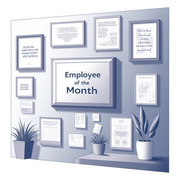 A wooden plaque with the inscription "Employee of the Month" prominently displayed at the center. The plaque is mounted on a wall filled with framed motivational quotes and images of team achievements. The surrounding area features office elements such as a calendar, a bulletin board with notes, and desk plants. The texture of the wall appears smooth, and there are visible shadows cast from the overhead lighting highlighting the plaque.