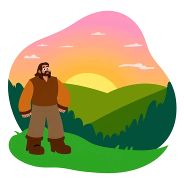 Beorn, a large man with a strong build and long hair, stands confidently on a grassy hilltop. He gazes out over a vast landscape as the morning sun starts to rise in the sky. The sky is painted in warm hues of orange and pink, illuminating the rolling hills and lush forests below. Gentle rays of sunlight break through scattered clouds, casting a soft glow over the scene. Beorn is dressed in rustic, earth-toned clothing that blends with the natural surroundings. His expression is one of contemplation and peace as he witnesses the beauty of the dawn.