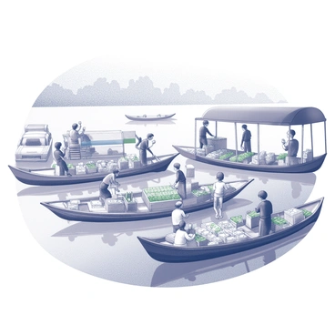 A floating market on a river with several wooden boats. Each boat is filled with various goods, including fruits, vegetables, and handmade crafts. Vendors are standing or sitting in their boats, engaging with customers who are browsing the items. The riverbanks are lined with lush greenery, providing a natural backdrop. The scene depicts the hustle and bustle of trade, with people interacting, exchanging money, and negotiating prices. Some boats are decorated with colorful banners or canopies, adding visual interest to the atmosphere.