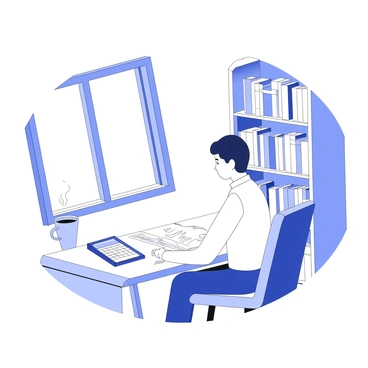 A cozy home office features a person seated at a wooden desk. The person is focused on balancing a ledger open in front of them, with a calculator placed to the side. A steaming cup of coffee rests beside the calculator, adding to the ambiance of work. The office has bookshelves filled with various books in the background, and a window allows natural light to filter in, illuminating the workspace. A comfortable chair supports the person as they work diligently.