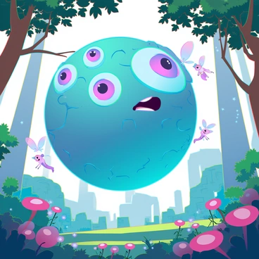A large, whimsical beholder with an oversized, spherical body and numerous colorful eyes is hovering in a magical glen. Its body is textured with vibrant hues of blue and green, creating an enchanting appearance. The beholder's eyes are wide and expressive, showcasing a playful curiosity as it interacts with a group of tiny fairies. The fairies, with delicate wings shimmering in various pastel colors, are flitting around the beholder, giggling and casting tiny glimmers of light. The glen is lush with vibrant foliage, and small, multicolored flowers bloom around them, adding to the enchanting atmosphere. Sunlight filters through the trees, casting dappled shadows on the ground.