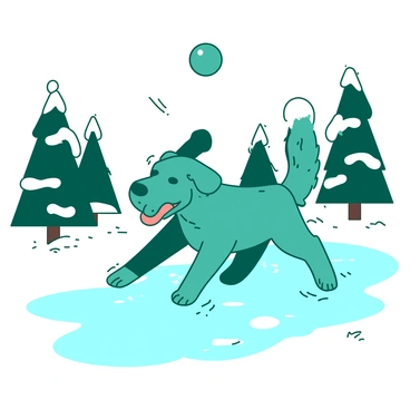 A teal dog with a fluffy coat is sliding on a smooth, glassy patch of ice in a winter park. The dog has its ears flopping in the wind and its tongue hanging out in excitement, showcasing its playful nature. In mid-air, a white snowball is thrown, and the dog is leaping with its front paws outstretched, attempting to catch the snowball. Surrounding the dog, there are snow-covered trees and a light dusting of snow on the ground, creating a lively winter atmosphere. The sky above is clear and bright, adding to the cheerful ambiance of the scene.