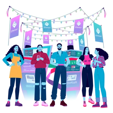 A diverse group of people gathered at an outdoor festival, celebrating Ethereum innovations. There are individuals of various ethnicities and backgrounds, including a Black woman with curly hair wearing a bright yellow dress, a Middle-Eastern man sporting a stylish beard and a blue shirt, and a Hispanic woman in a colorful blouse. The scene is vibrant, with colorful flags and banners displaying “Ethereum” and other related symbols fluttering in the gentle breeze. People are engaging enthusiastically, some are holding drinks and chatting, while others are participating in interactive exhibits showcasing Ethereum technology. Bright decorations and festival lights adorn the area, enhancing the festive atmosphere.