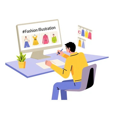 An artist working on a digital fashion illustration with a computer and stylus, featuring the hashtag #FashionIllustration