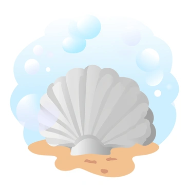 A conch shell is placed prominently on the sandy ocean floor. The shell exhibits intricate patterns and textures, showcasing its natural design. Surrounding the shell are rising bubbles that create a dynamic sense of movement. The clear blue sea envelops the scene, allowing sunlight to filter through, casting gentle reflections on the sand and the shell. The overall atmosphere emphasizes the tranquility of the underwater environment.