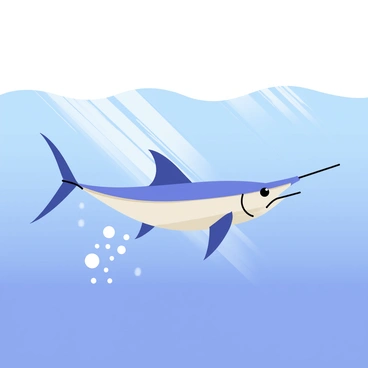 A marlin with a sleek, elongated body is swimming swiftly through the blue water. The marlin has a vibrant blue back and a silver belly, creating a striking contrast. As it moves, it leaves a trail of white bubbles spiraling behind it. Sunlight filters through the surface of the water, illuminating the marlin and the bubbles. The scene captures the dynamic motion of the fish as it glides effortlessly, showcasing its powerful fins and sharp bill.