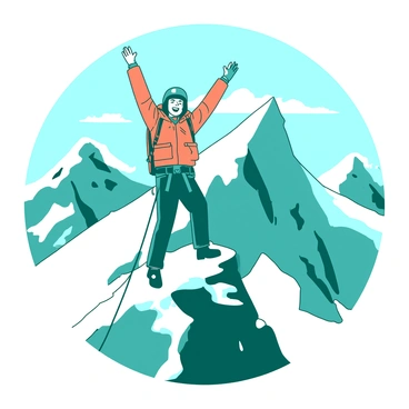 A lead climber reaching the peak of a snowy mountain, celebrating triumphantly