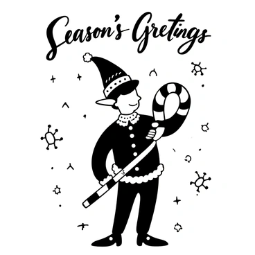 A vintage-style postcard displays an elf with pointy ears and a tall hat, joyfully holding a large, striped candy cane. The elf is dressed in traditional festive clothing with detailed patterns and textures. The background features stylized snowflakes and scattered stars, adding to the whimsical atmosphere of the scene. Words "Season's Greetings" are elegantly inscribed in a decorative font at the top of the postcard.