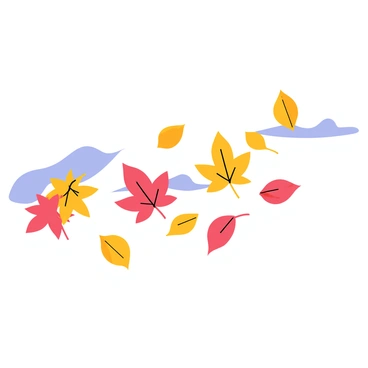 A gust of wind swirls through the air, lifting and scattering vibrant autumn leaves in shades of red, orange, and yellow. The leaves are shown in mid-air, capturing the motion and energy of the wind. Some leaves are larger and more detailed, while others appear smaller, adding to the dynamic effect of the scene. The background features a clear blue sky, contrasting with the warm colors of the leaves, creating a lively atmosphere filled with movement.