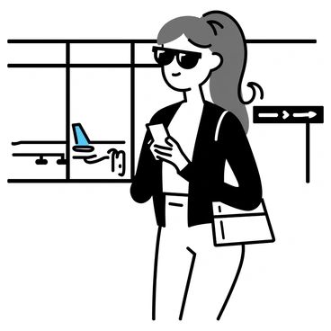 A woman, dressed in a tailored black blazer and fitted white trousers, is standing at an airport terminal. She is holding a smartphone in one hand, glancing at the screen with a focused expression. Her long hair is styled sleekly, and she wears stylish aviator sunglasses pushed up on her head. A designer handbag hangs from her shoulder. Behind her, there are large windows showing a view of an airplane on the tarmac and an arrival board displaying flight information.