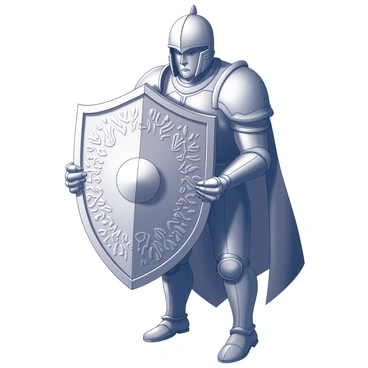 A shield with intricate patterns etched into its surface, showcasing detailed designs and symbols. The shield is being held firmly by a guardian figure. The guardian is clad in armor that features ornate decorations, with a stern expression visible on their face. The figure stands tall, with a strong posture, as if ready to protect. The background is minimal, emphasizing the shield and the guardian's imposing presence.