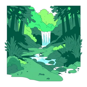 A lush green forest path winds through thick trees and vibrant foliage. The path is framed by tall, leafy plants on either side, creating a natural tunnel effect. In the distance, a hidden waterfall can be seen, cascading gracefully over smooth, dark rocks. The water splashes down into a small, clear pool at the bottom, surrounded by mossy stones and scattered pebbles. Sunlight filters through the tree canopy, casting dappled light onto the path and illuminating the area around the waterfall.