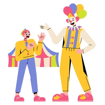 A startled person with wide eyes and raised eyebrows stands in front of a friendly clown. The clown has a big, cheerful smile and is dressed in a bright, multi-colored outfit with oversized shoes. The clown is holding a cluster of colorful balloons, including red, blue, yellow, and green ones, which float above his head. The background features circus tents with bold stripes and a vibrant, festive atmosphere. The startled person has a hand on their chest, showing surprise, while the clown leans forward slightly, invitingly.