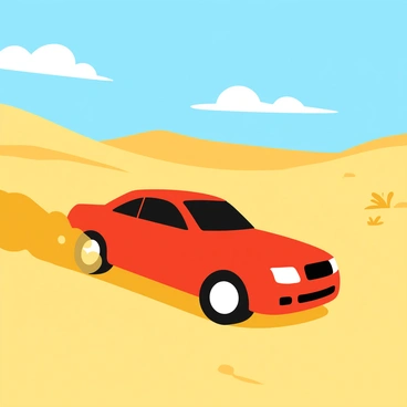 A bright red car is drifting across a sandy desert landscape, leaving a vibrant cloud of dust swirling behind it. The car is positioned at an angle, showcasing its sleek profile and shiny surface. The desert features golden dunes that rise and fall in the background, dotted with small patches of dry vegetation. The sky above is a clear blue, with a few fluffy white clouds scattered throughout. The sun casts sharp shadows, highlighting the contours of the sand and the car's movement.