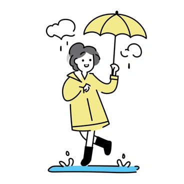 A girl is wearing a yellow raincoat and black rubber boots. She is holding a bright yellow umbrella above her head. The girl is joyfully splashing through puddles on a rainy day. Water droplets are rising around her as she jumps from one puddle to another. The sky is overcast with gray clouds, and there are small puddles reflecting her vibrant umbrella.