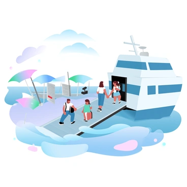 Passengers walking up a boarding ramp to enter a ferry at the terminal. The ramp is made of metal and is slightly angled, leading up to the entrance of the ferry. Several individuals, including a couple with luggage and a family with children, are seen navigating the ramp. The ferry is large and painted in shades of white and blue, docked securely at the terminal. Surrounding the ramp are various terminal structures, with signs indicating boarding information. A series of colorful umbrellas are positioned nearby, providing shade to waiting passengers. The scene is set under a bright sky with soft, pastel clouds.