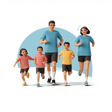 A family participating in a fun run, with two children and two parents. The parents are wearing matching blue t-shirts and black shorts, while the children are dressed in brightly colored t-shirts, one in red and the other in yellow. All family members are smiling and running side by side. The children are laughing and cheering, while the parents look proud and engaged. The scene captures a bright, sunny day with a clear blue sky in the background.