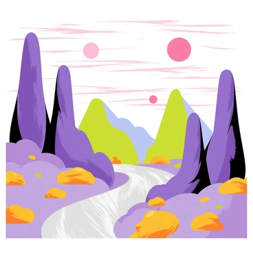 A surreal alien landscape with tall, twisting rock formations in various shades of purple and green. The ground is uneven, covered with patches of bright orange vegetation that contrasts with the rocky terrain. The skies above are filled with swirling clouds in shades of pink and blue, with two large moons visible in the distance. A river of shimmering silver liquid winds its way through the landscape, reflecting the unusual colors of the sky.