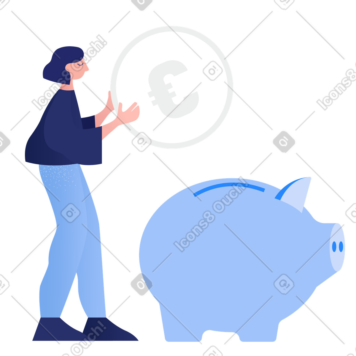 Woman putting a euro coin into piggy box illustration in Clip style download in PNG, SVG