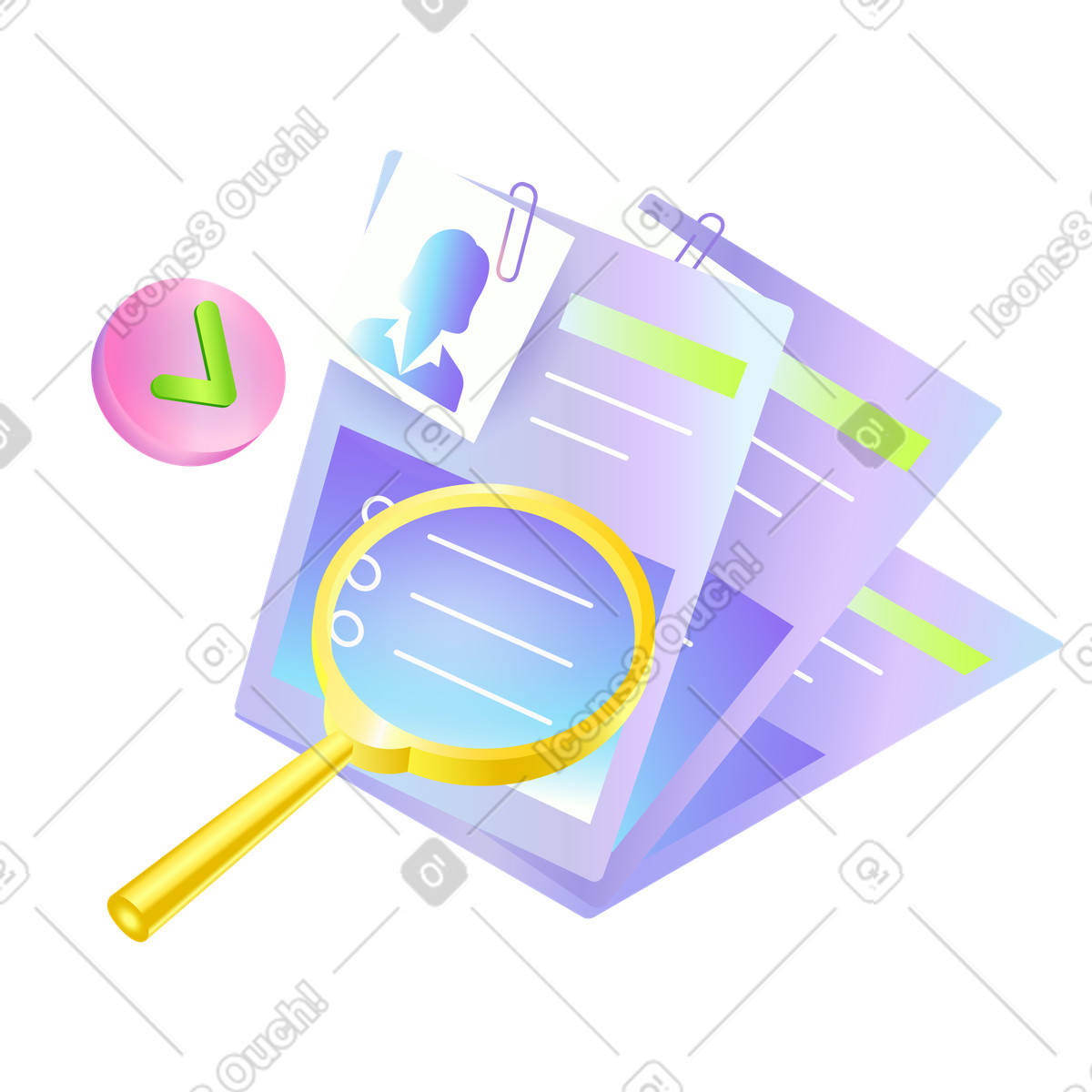 Review of applicant documents with magnifier, Resume selection and talent acquisition illustration in Isotech style download in PNG, SVG