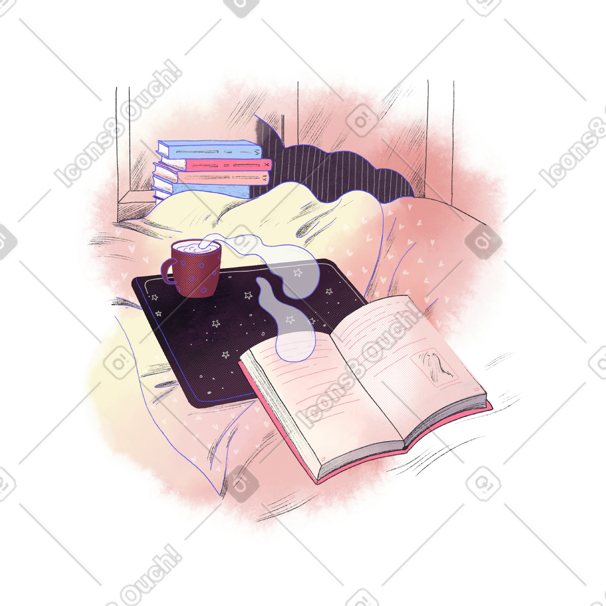 Reading and relaxing in bed illustration Moments style download PNG, SVG
