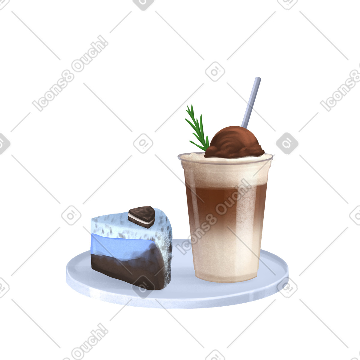 Blueberry cake with chocolate drink on the plate-Illustration im Demure-Stil als Download in PNG, SVG