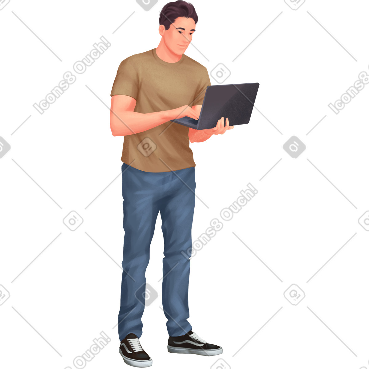 Demure スタイルの Young it specialist with a laptop のイラストをPNG、SVG形式でダウンロード