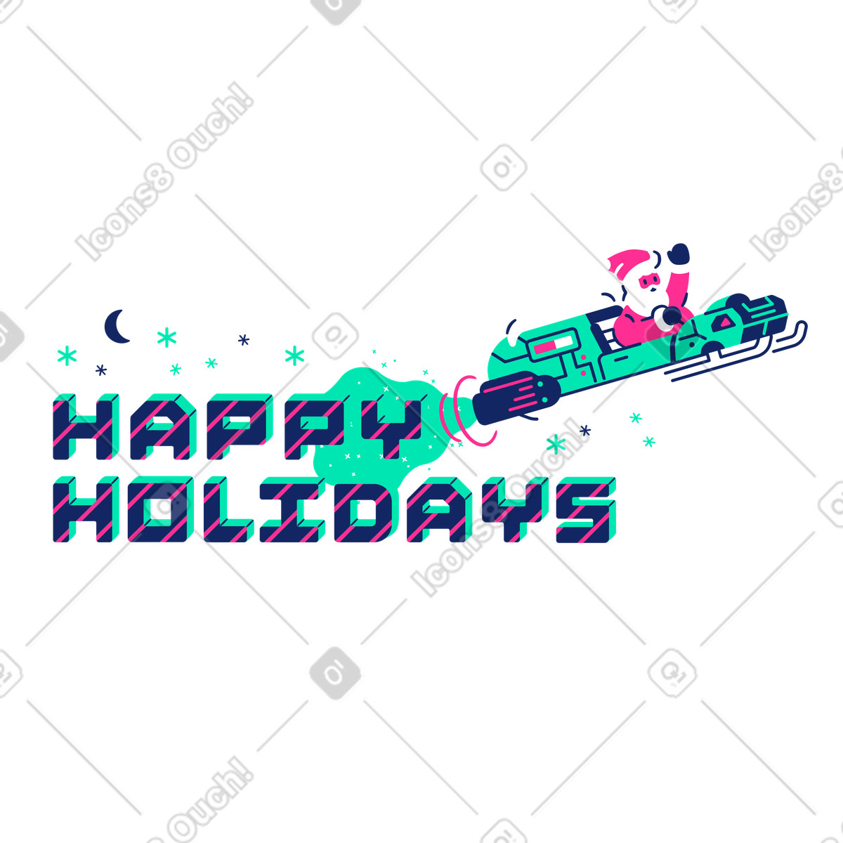 Happy holidays lettering with Santa in sleigh illustration Cyborg style download PNG, SVG
