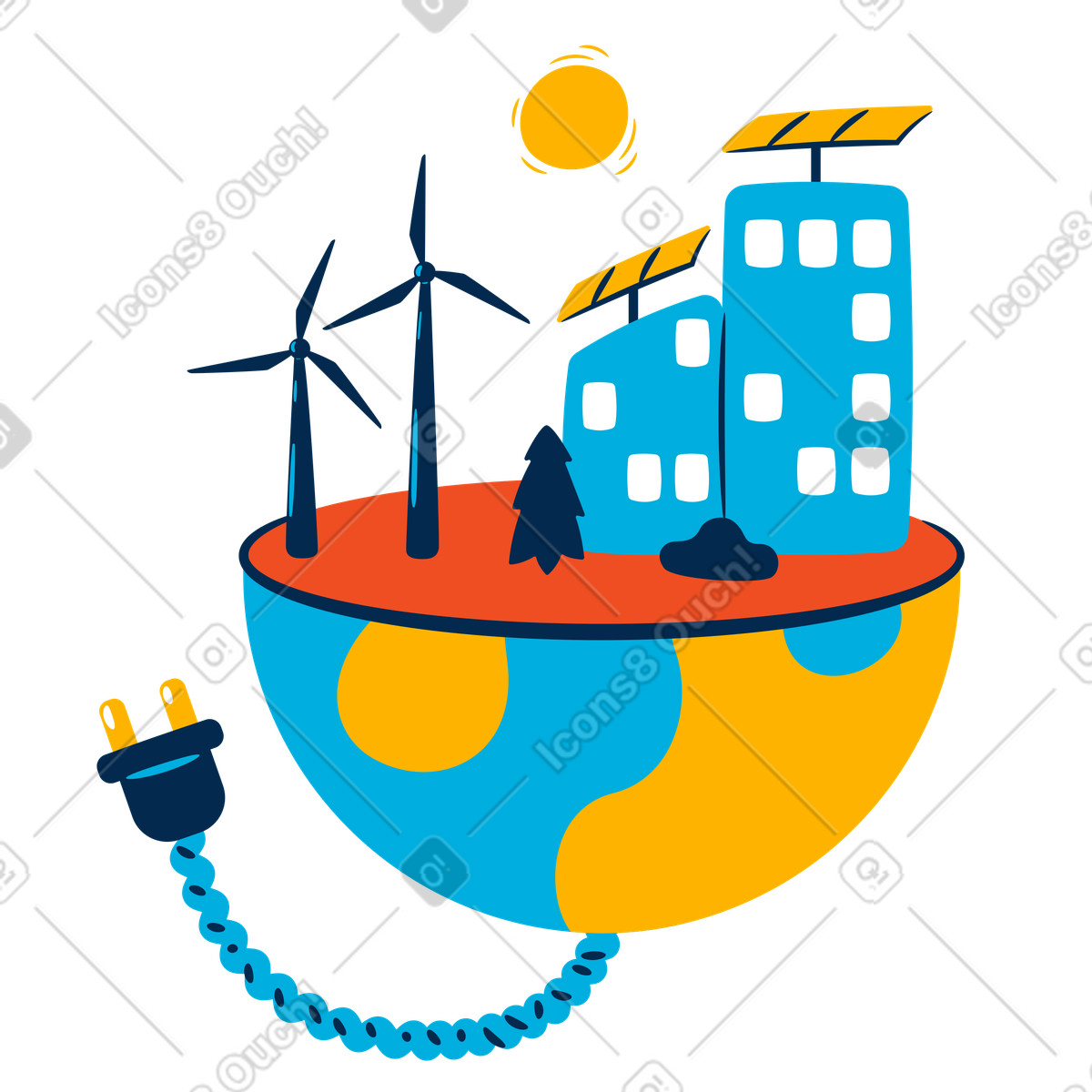 Energia rinnovabile con pannelli solari e turbine eoliche illustrazione in stile Flame scarica in PNG, SVG