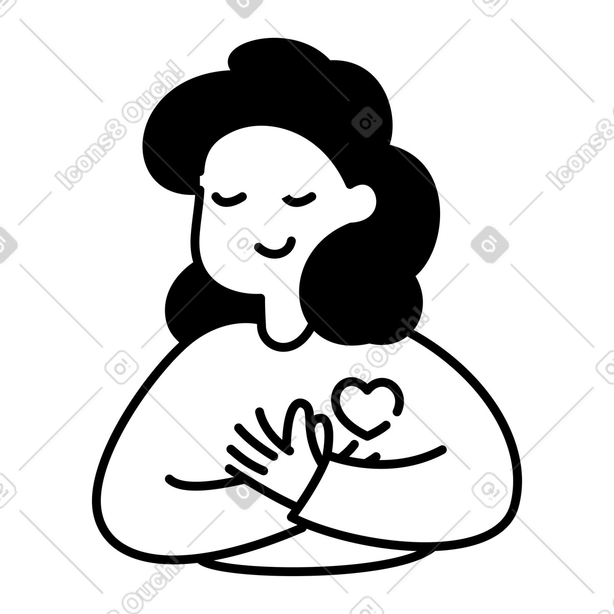 Illustration Gratitude character holding hands on chest with heart symbol dans le style Notion Line Art à télécharger aux formats PNG, SVG