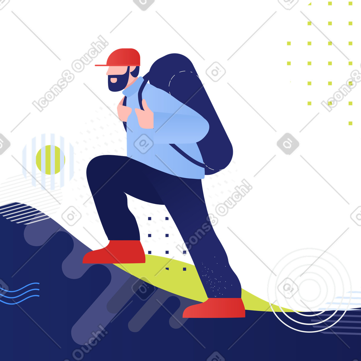 Clip スタイルの バックパックを背負って山をハイキングする旅行者 のイラストをPNG、SVG形式でダウンロード