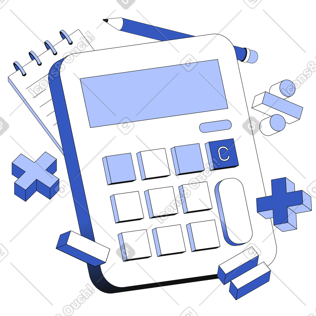 Calculator and notepad with mathematics signs illustration in Techny style download in PNG, SVG