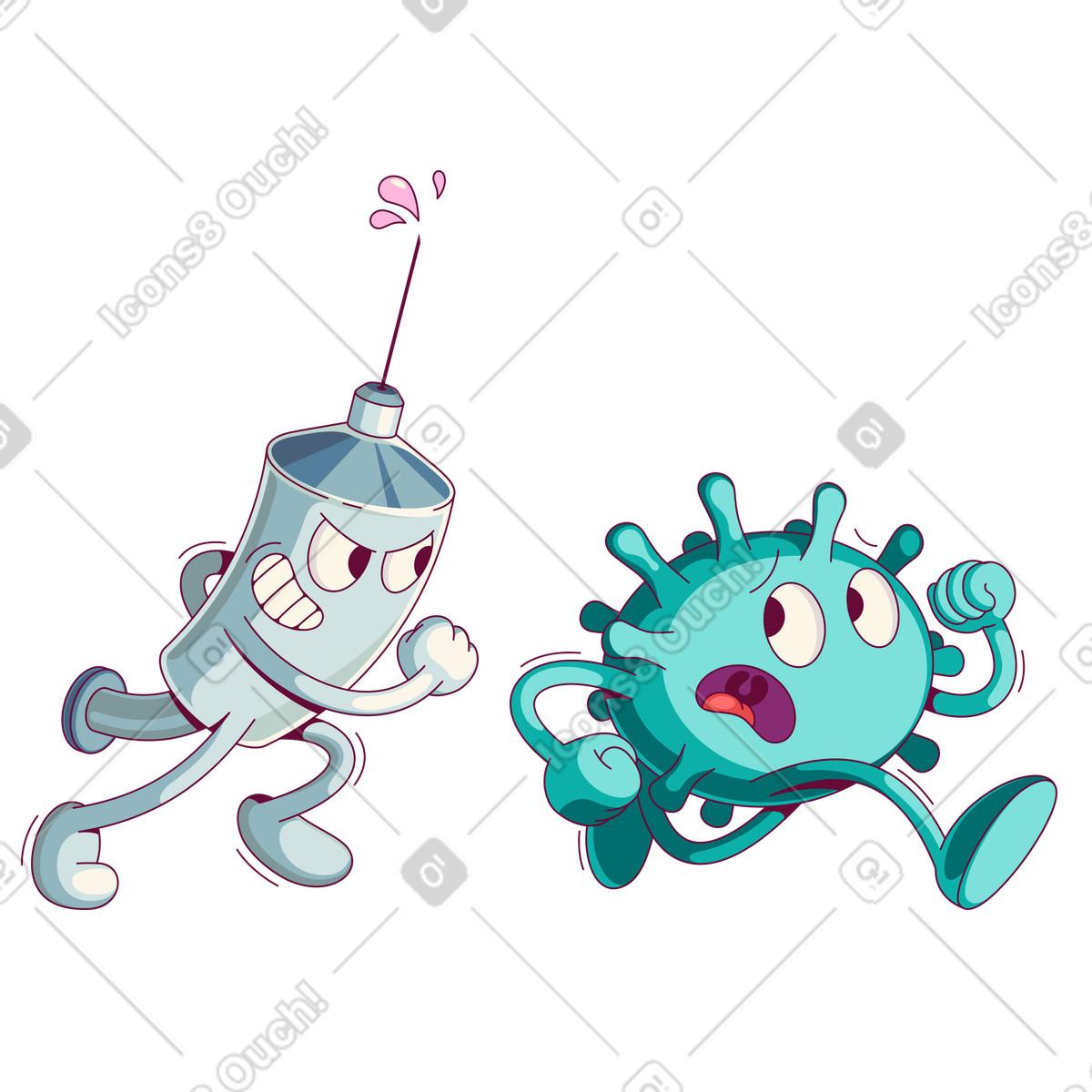 Handy スタイルの Virus running from a syringe with vaccine のイラストをPNG、SVG形式でダウンロード