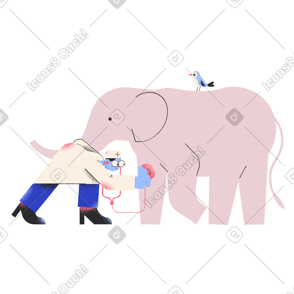 Illustration Un vétérinaire fait bilan de santé sur éléphant dans le style Pablo à télécharger aux formats PNG, SVG