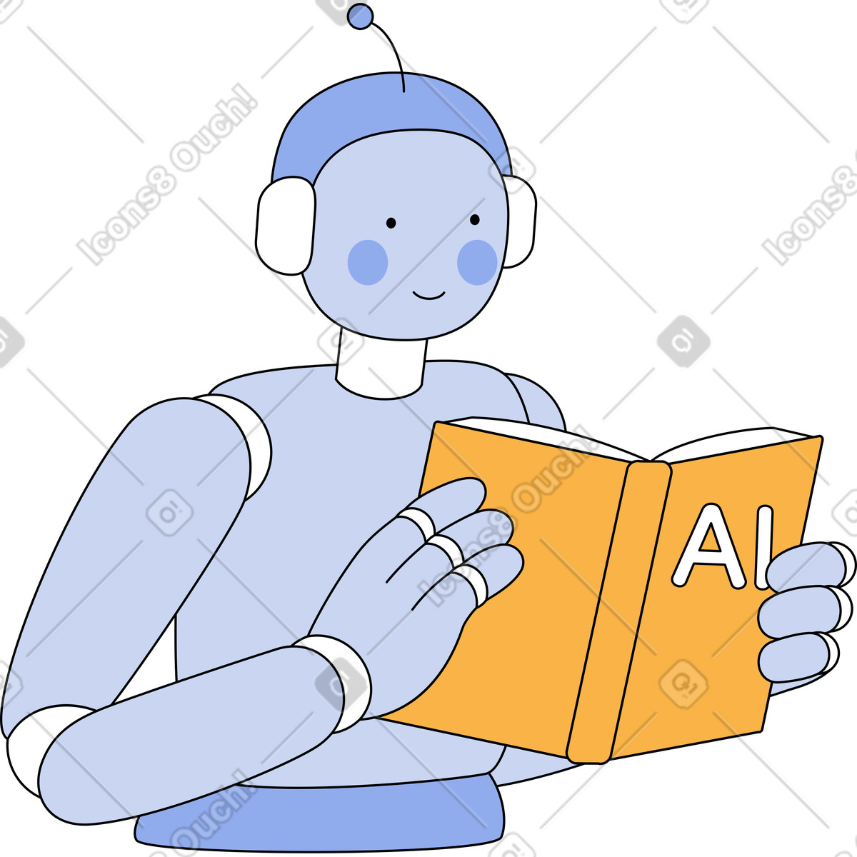 Robot reading a book about artificial intelligence illustration in Bloom style download in PNG, SVG