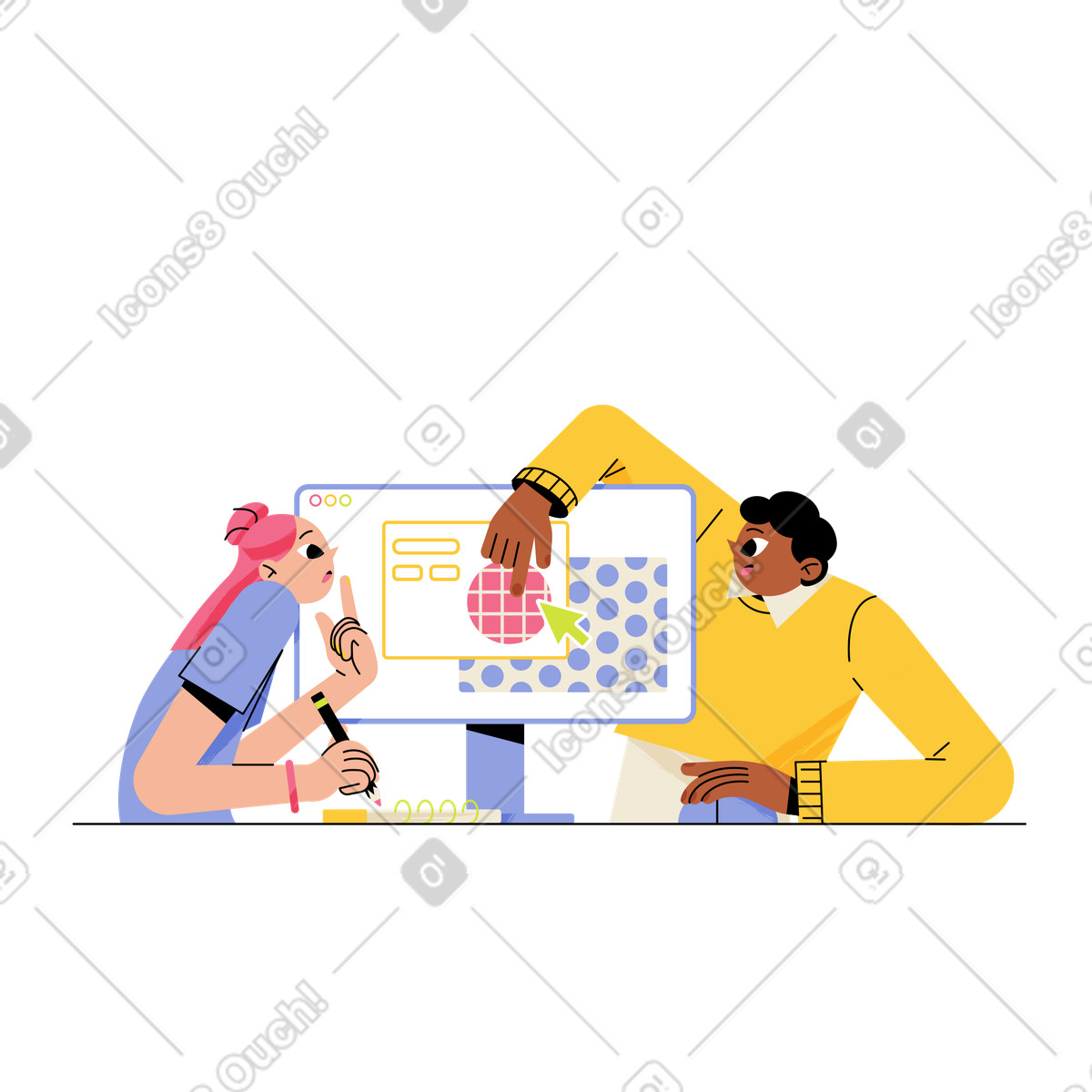 Ilustración animada Entrenador de negocios explica el material a la mujer en estilo Juicy descargar en GIF, Lottie (JSON), AE