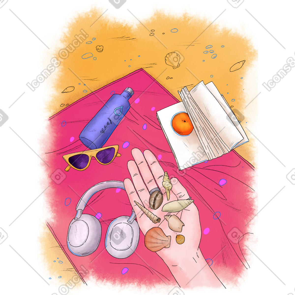 Иллюстрация Woman holding seashells on the beach в стиле Moments — скачать в форматах PNG, SVG