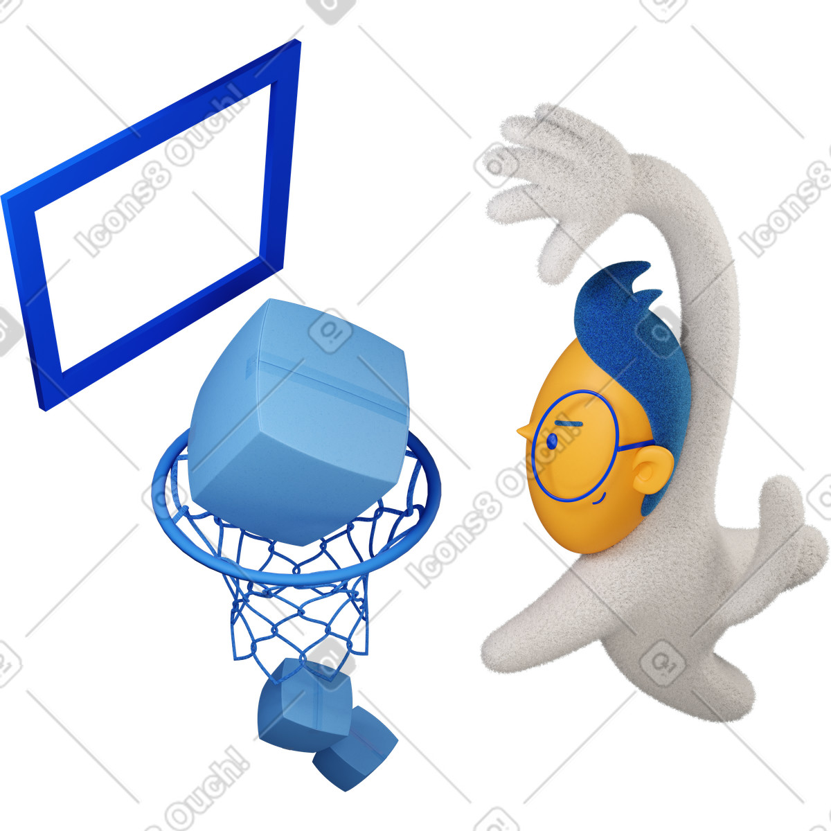 Il ragazzo che metteva scatole nel canestro da basket si voltò avidamente a destra illustrazione in stile 3D Buddy scarica in PNG, SVG
