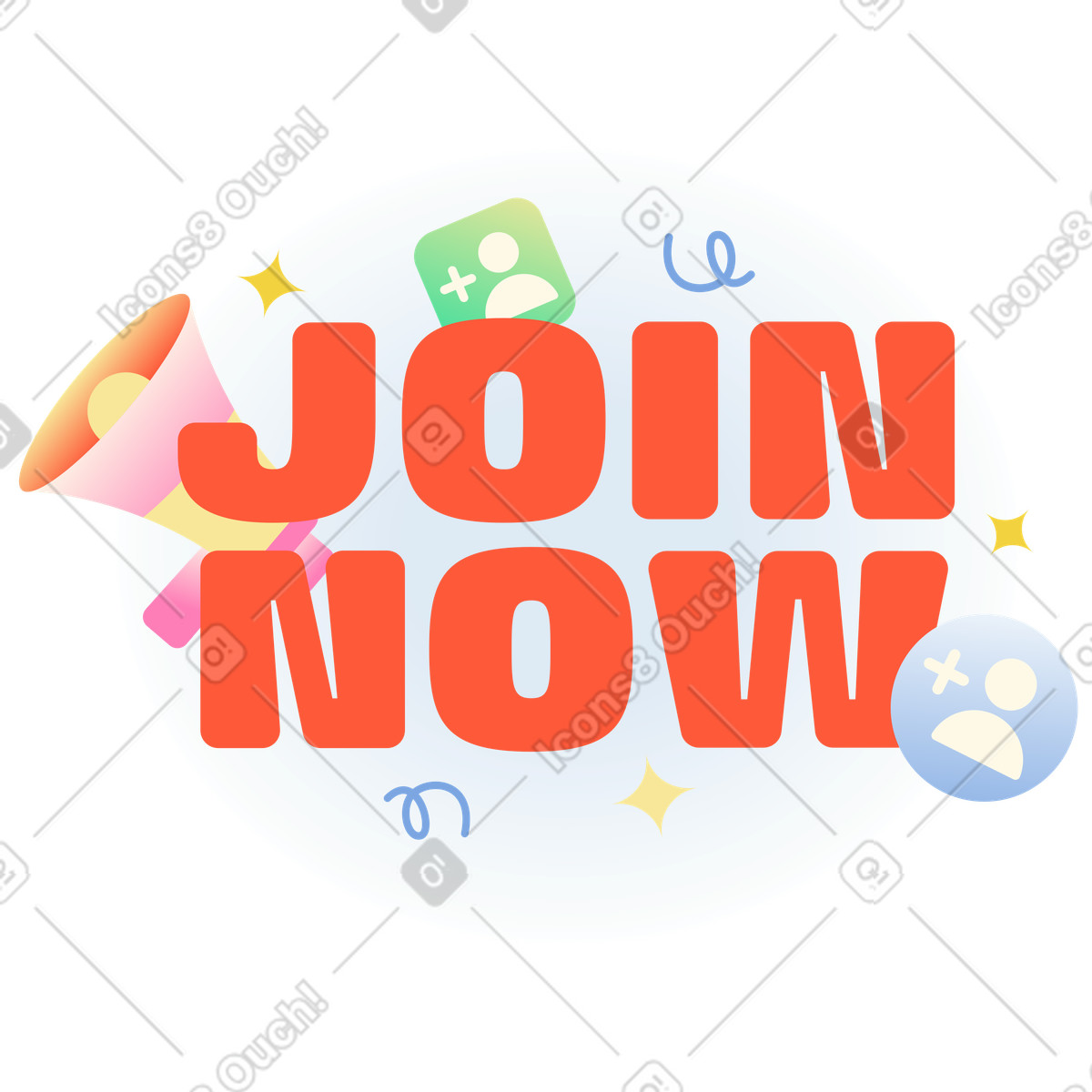 Beam 스타일의 확성기와 가입 아이콘이 포함된 lettering join now 텍스트 일러스트레이션 PNG, SVG 다운로드