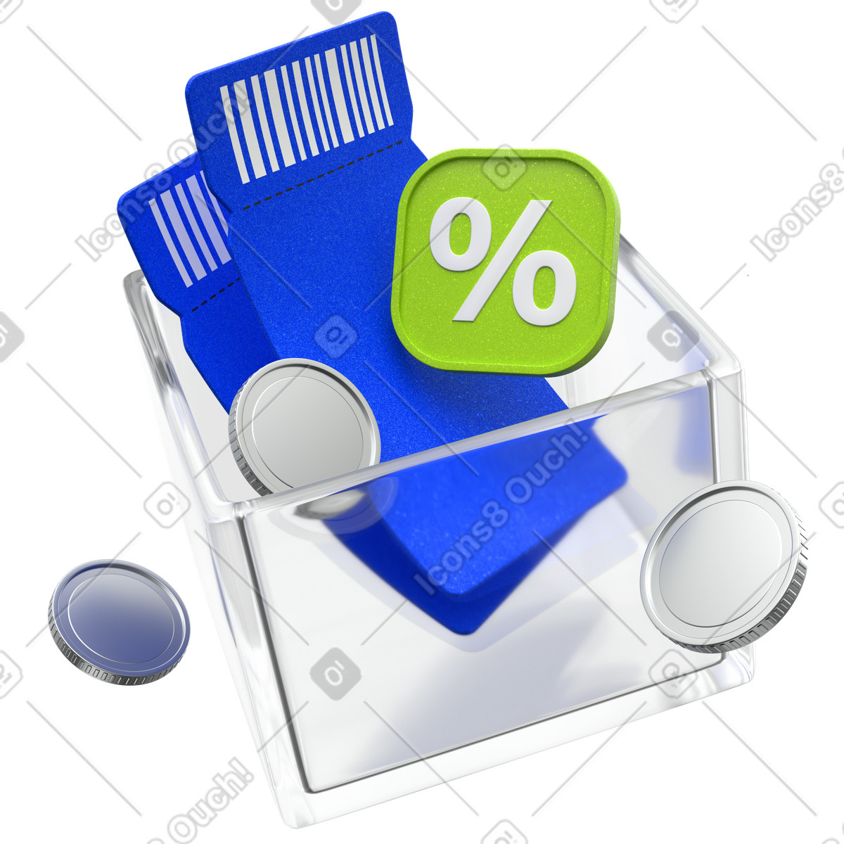 Discount voucher box, Coupons and coins in clear box, Retail promotion illustration in PNG, SVG
