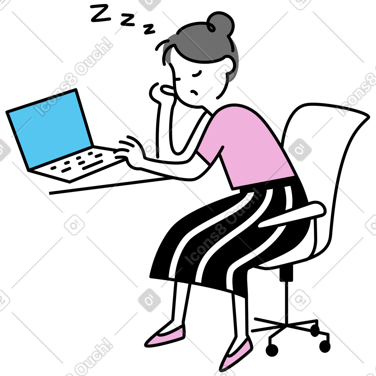 Ilustración animada Employee sleeping in front of laptop, workplace fatigue and burnout en estilo Mochi a descargar en GIF, Lottie (JSON), AE