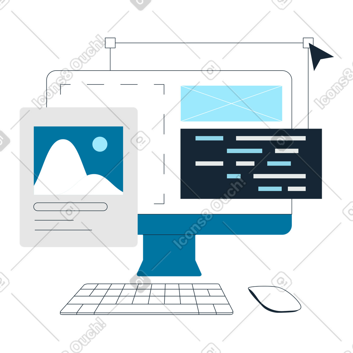 Desktop screen with web layout elements, UI design and prototyping illustration in Indigo style download in PNG, SVG