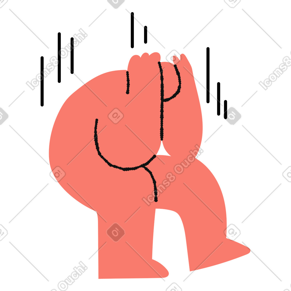 Bold People スタイルの Anxiety character curled up holding head surrounded by stress lines のイラストをPNG、SVG形式でダウンロード
