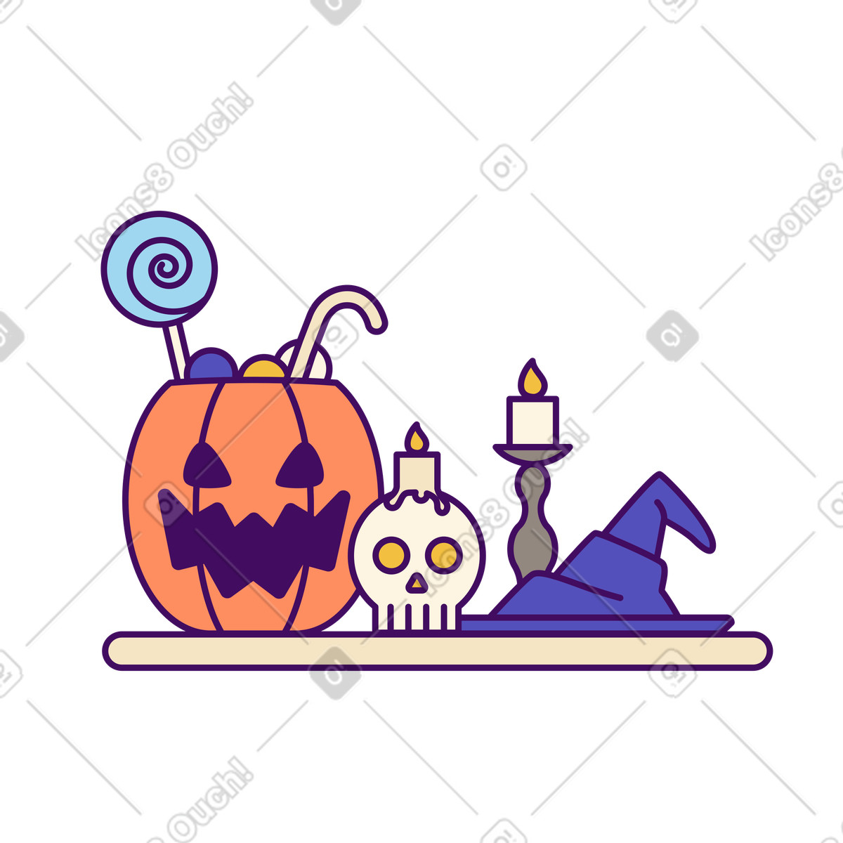 Ilustración Truco o trato cabeza de calabaza con calavera y sombrero bruja en estilo Simplistic a descargar en PNG SVG
