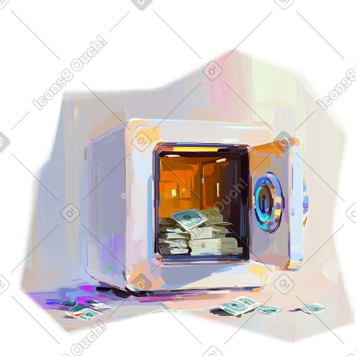 Illustration Peinture à l'huile d'un coffre-fort ouvert avec des piles d'argent dans le style Pictorial télécharger aux formats PNG, SVG