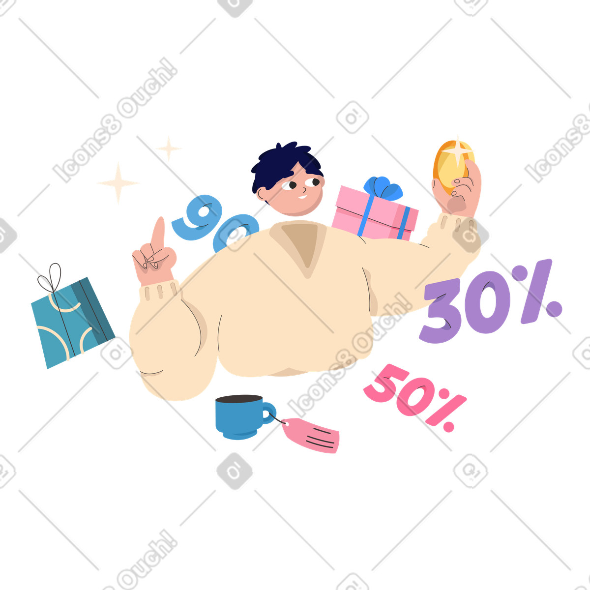 Ilustración Hombre rodeado de ofertas venta. en estilo Dizzy a descargar en PNG y SVG