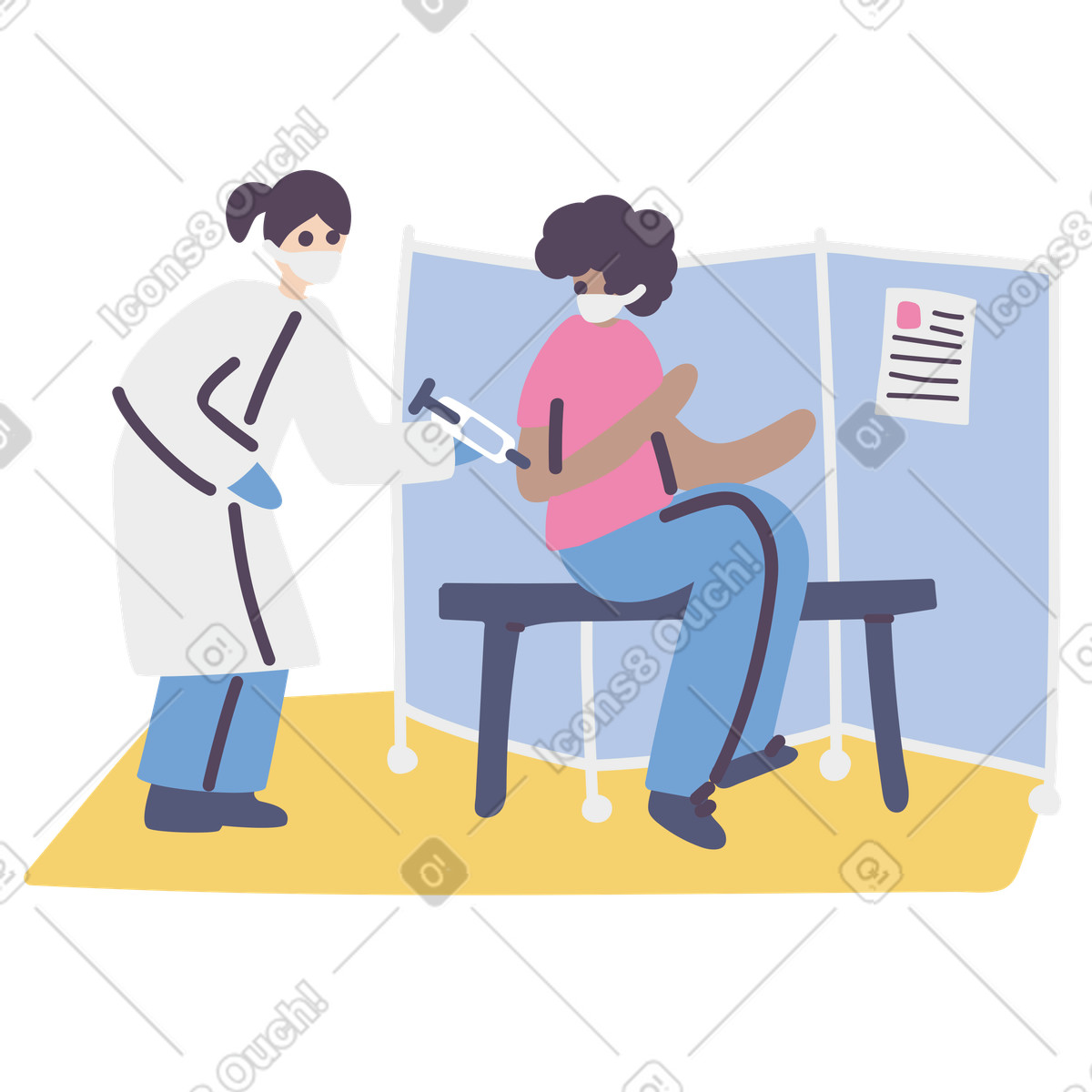 Woman doctor in a mask and gloves administering vaccine to man illustration Pluto style download PNG, SVG